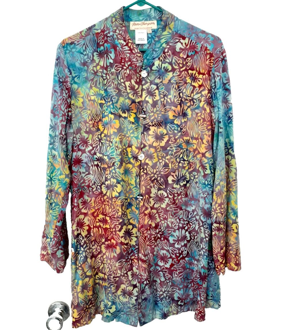 Norm Thompson Colorful Boho  Floral Button down shirt women's L Tunic Top